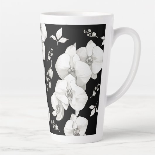 Waterverf Witte Orchidee op Zwart | Latte Mok (Rechts)