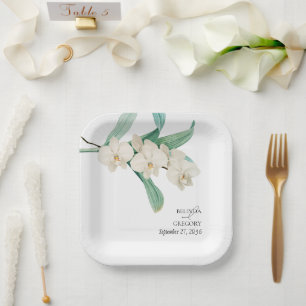 Waterverf Witte Orchideeën Bloemige Bruiloft Papieren Bordje