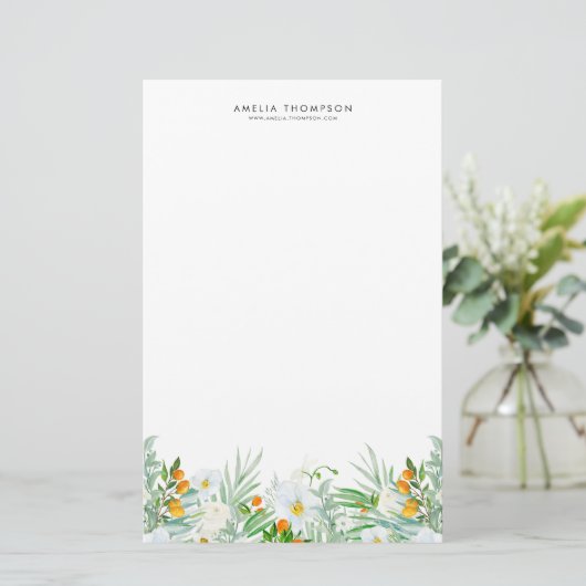 Waterverf Witte Orchideeën & Kumquats Garland Cust Briefpapier (Staand voorkant)