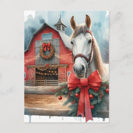 Waterverf Witte Paard en Feestelijke Boerderij Ker Briefkaart (Voorkant)