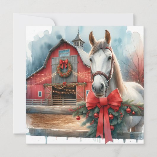 Waterverf Witte Paard en Feestelijke Boerderij Ker Feestdagenkaart (Voorkant)