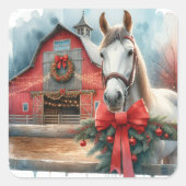 Waterverf Witte Paard en Feestelijke Boerderij Ker Vierkante Sticker (Voorkant)
