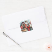 Waterverf Witte Paard en Feestelijke Boerderij Ker Vierkante Sticker (Envelop)