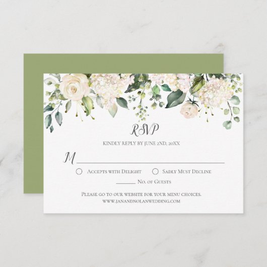 Waterverf Witte Pioenen en Rozen Groen RSVP (Voorkant / Achterkant)