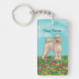 Waterverf witte poedel met bloemen sleutelhanger
