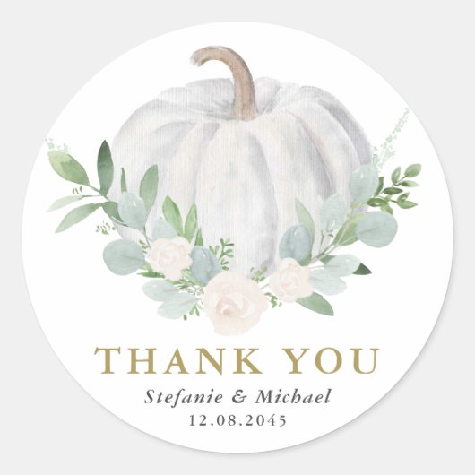 Waterverf witte pompoen herfst bruiloft dank u ronde sticker (Voorkant)