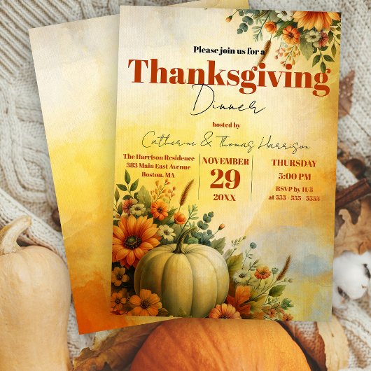 Waterverf Witte Pompoen Thanksgiving Diner Kaart