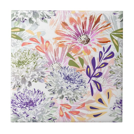 Waterverf witte, roze bloemen tegeltje (Voorkant)
