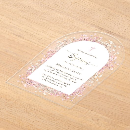 waterverf witte roze bloemetjes Doop Acryl Uitnodigingen (Laagn)