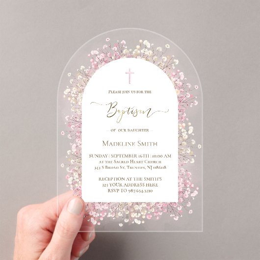 waterverf witte roze bloemetjes Doop Acryl Uitnodigingen (Insitu (Draagbaar))