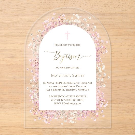 waterverf witte roze bloemetjes Doop Acryl Uitnodigingen (Voorkant)