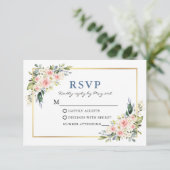 Waterverf Witte roze Floral Dusty Blue RSVP Kaartje (Staand voorkant)