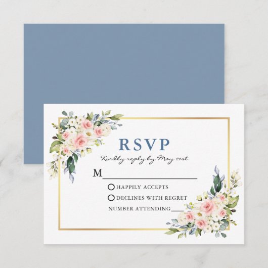 Waterverf Witte roze Floral Dusty Blue RSVP Kaartje (Voorkant / Achterkant)