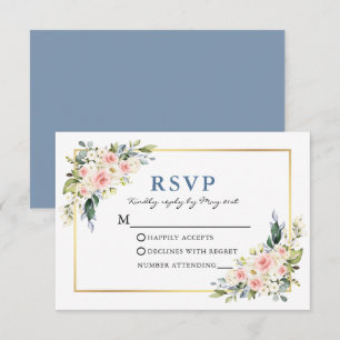 Waterverf Witte roze Floral Dusty Blue RSVP Kaartje
