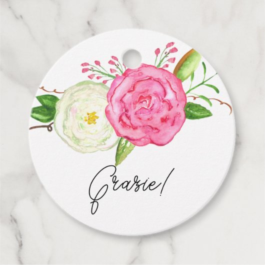 Waterverf Witte Roze Roses Grazie Bedankjes Labels (Voorkant)