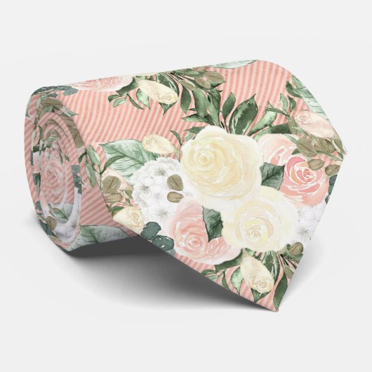 Waterverf witte rozen bloemen op roze streep stropdas (Opgerold)