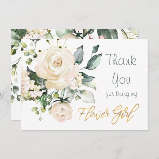 Waterverf witte rozen Bloemenmeisje Bedankt kaart (Voorkant / Achterkant)