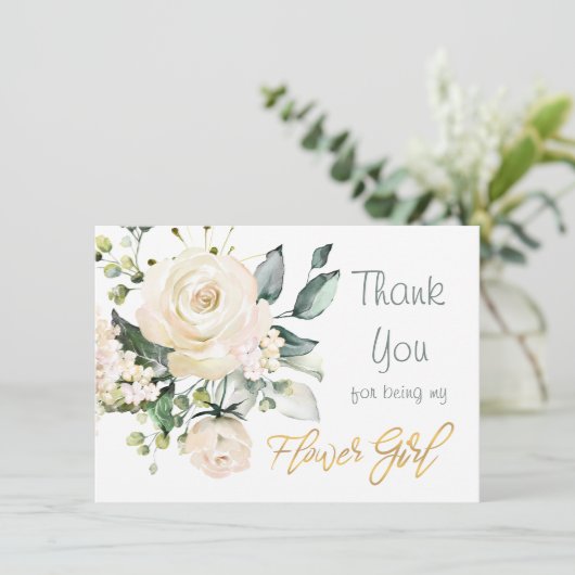 Waterverf witte rozen Bloemenmeisje Bedankt kaart (Staand voorkant)