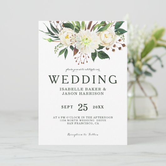 Waterverf witte rozen bruiloft kaart (Staand voorkant)