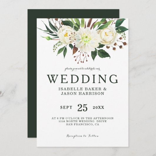 Waterverf witte rozen bruiloft kaart (Voorkant / Achterkant)