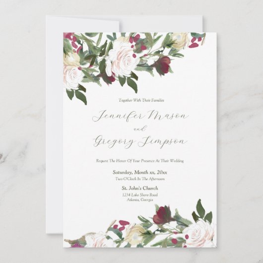 Waterverf witte rozen, cranberry bloemen bruiloft kaart (Voorkant)