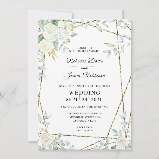 Waterverf Witte Rozen en groen bruiloft Kaart (Voorkant)