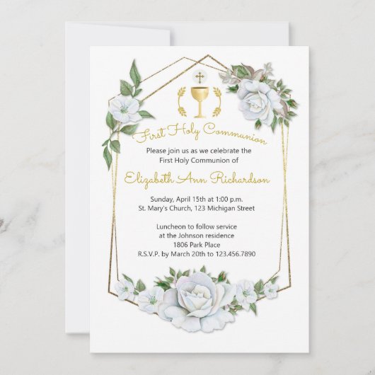 Waterverf Witte rozen Geometrische Lijst Communie Kaart (Voorkant)