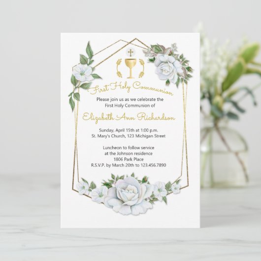 Waterverf Witte rozen Geometrische Lijst Communie Kaart (Staand voorkant)