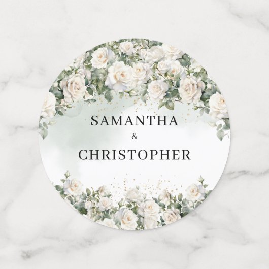 Waterverf witte rozen groen en gouden bruiloft confetti (Medium voorkant)