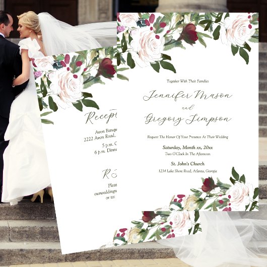 Waterverf Witte Rozen met Cranberry Kaart