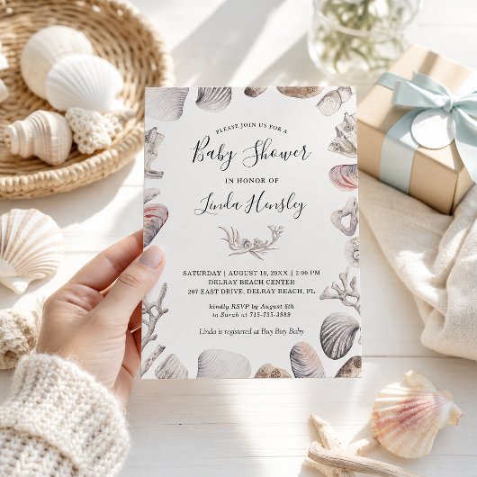 Waterverf Witte Schelp Strand Baby Shower Kaart