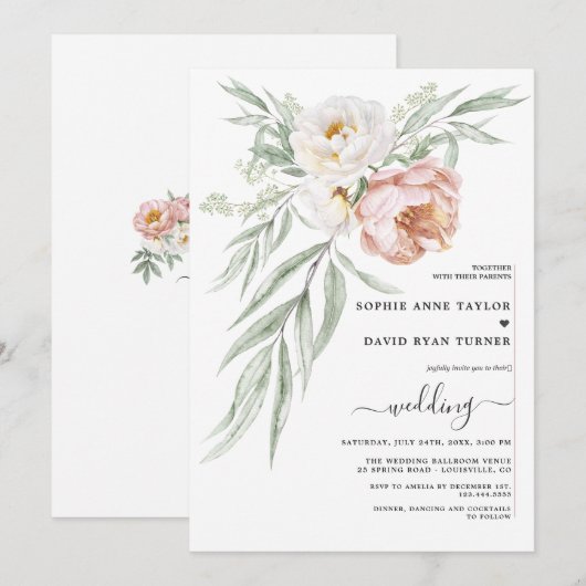 Waterverf Witte Stof Rose Bloemen Bruiloft Kaart (Voorkant / Achterkant)