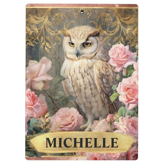 Waterverf  Witte Uil en Roze Rozen Klembord (Achterkant)