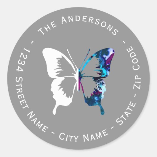 Waterverf & witte vlinder retour adreslabel ronde sticker (Voorkant)