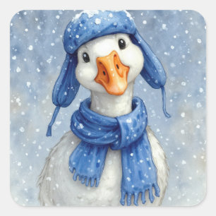 Waterverf Witte Wintergans Met Blauwe Sjaal Vierkante Sticker