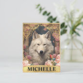 Waterverf  Witte Wolf en Roze Rozen Briefkaart (Staand voorkant)