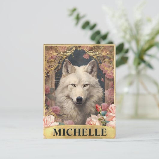 Waterverf  Witte Wolf en Roze Rozen Briefkaart (Staand voorkant)