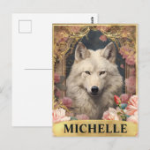 Waterverf  Witte Wolf en Roze Rozen Briefkaart (Voorkant / Achterkant)