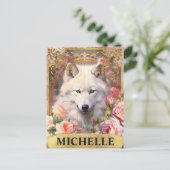 Waterverf Witte Wolf en Roze Rozen Briefkaart (Staand voorkant)