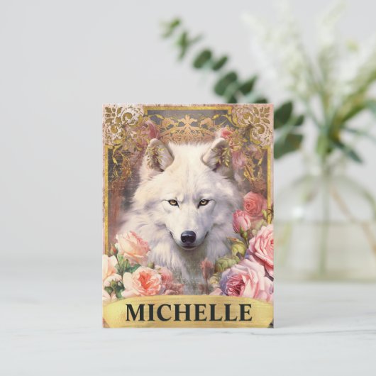 Waterverf Witte Wolf en Roze Rozen Briefkaart (Staand voorkant)