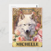 Waterverf Witte Wolf en Roze Rozen Briefkaart (Voorkant / Achterkant)