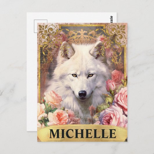 Waterverf  Witte Wolf en Roze Rozen Briefkaart (Voorkant / Achterkant)