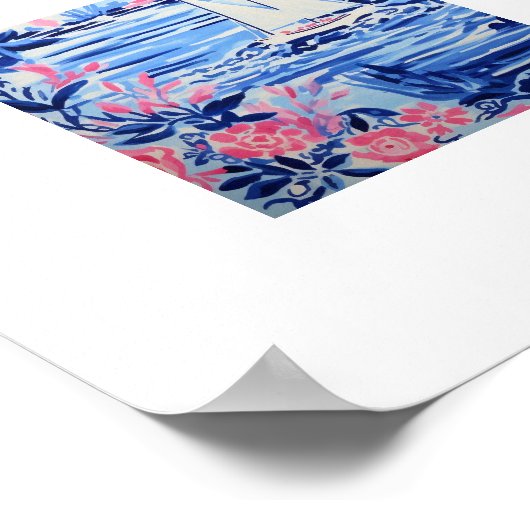 Waterverf Witte Zeilboten Blauw Roze Bloemenplein Poster (Hoek)