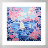 Waterverf Witte Zeilboten Blauw Roze Bloemenplein Poster (Voorkant)