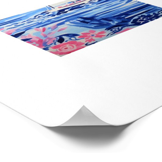 Waterverf Witte Zeilboten Blauw Water Roze Bloemen Poster (Hoek)