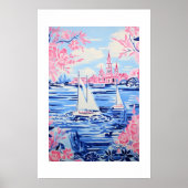 Waterverf Witte Zeilboten Blauw Water Roze Bloemen Poster (Voorkant)