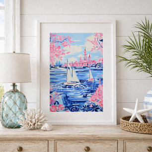 Waterverf Witte Zeilboten Blauw Water Roze Bloemen Poster