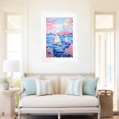 Waterverf Witte Zeilboten Blauw Water Roze Bloemen Poster