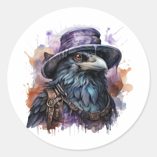 Waterverf Wizard Raven Bird Ronde Sticker (Voorkant)