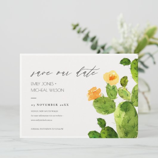 WATERVERF WOESTIJN CACTUS BLOEM BEWAAR DE DATUM SAVE THE DATE (Staand voorkant)